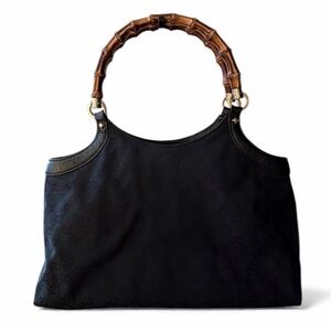 Gucci GG Black Canvas Bamboo Handle Vintage Tote w/ Leather Trim